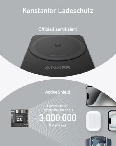 Abbildung eines Anker kabellosen Ladegeräts mit offiziell zertifiziertem Ladeschutz, das über die ActiveShield-Technologie verfügt, die die Temperaturüberwachung mehr als 3.000.000 Mal pro Tag gewährleistet.