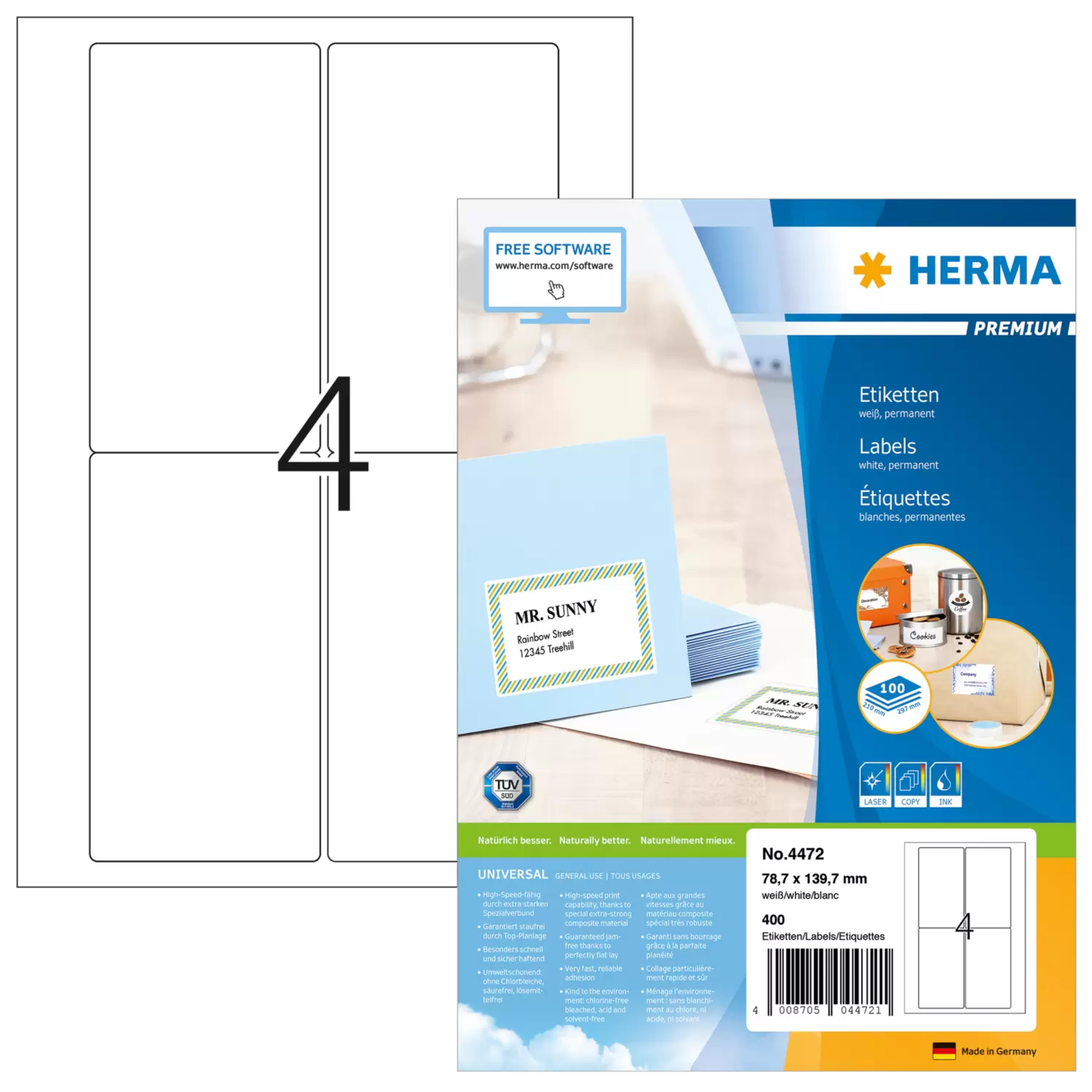 HERMA Adressetiketten A4 weiss 78,7x139,7 mm Papier 400 St.