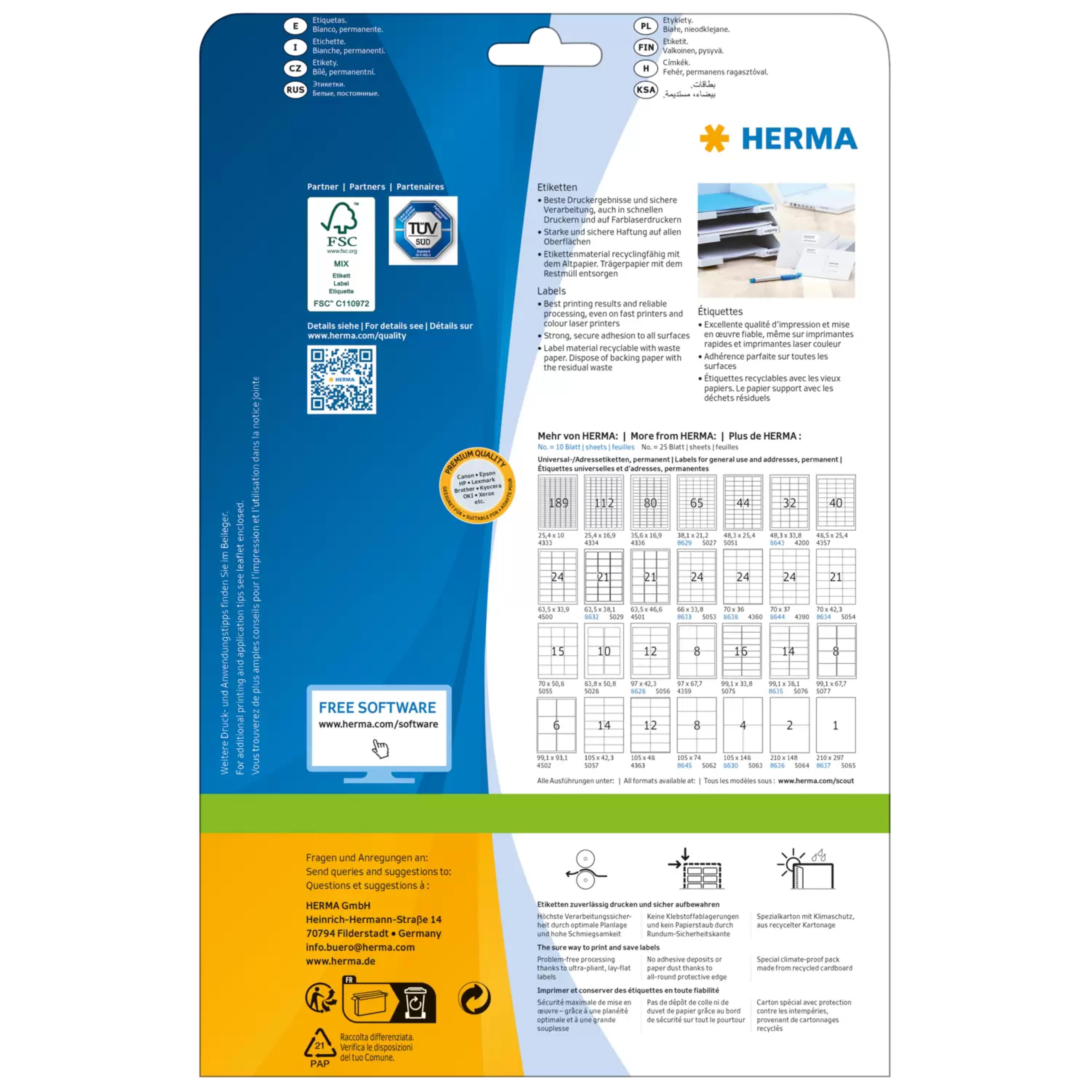 HERMA Adressetiketten Premium A4 weiss 63,5 x 33,9 mm 600St.