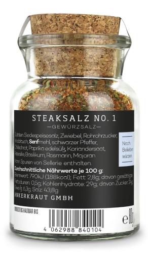 Gewürzsalz Steaksalz No. 1 in einem Glasbehälter mit Zutatenangabe und Nährwerttabellenetikett