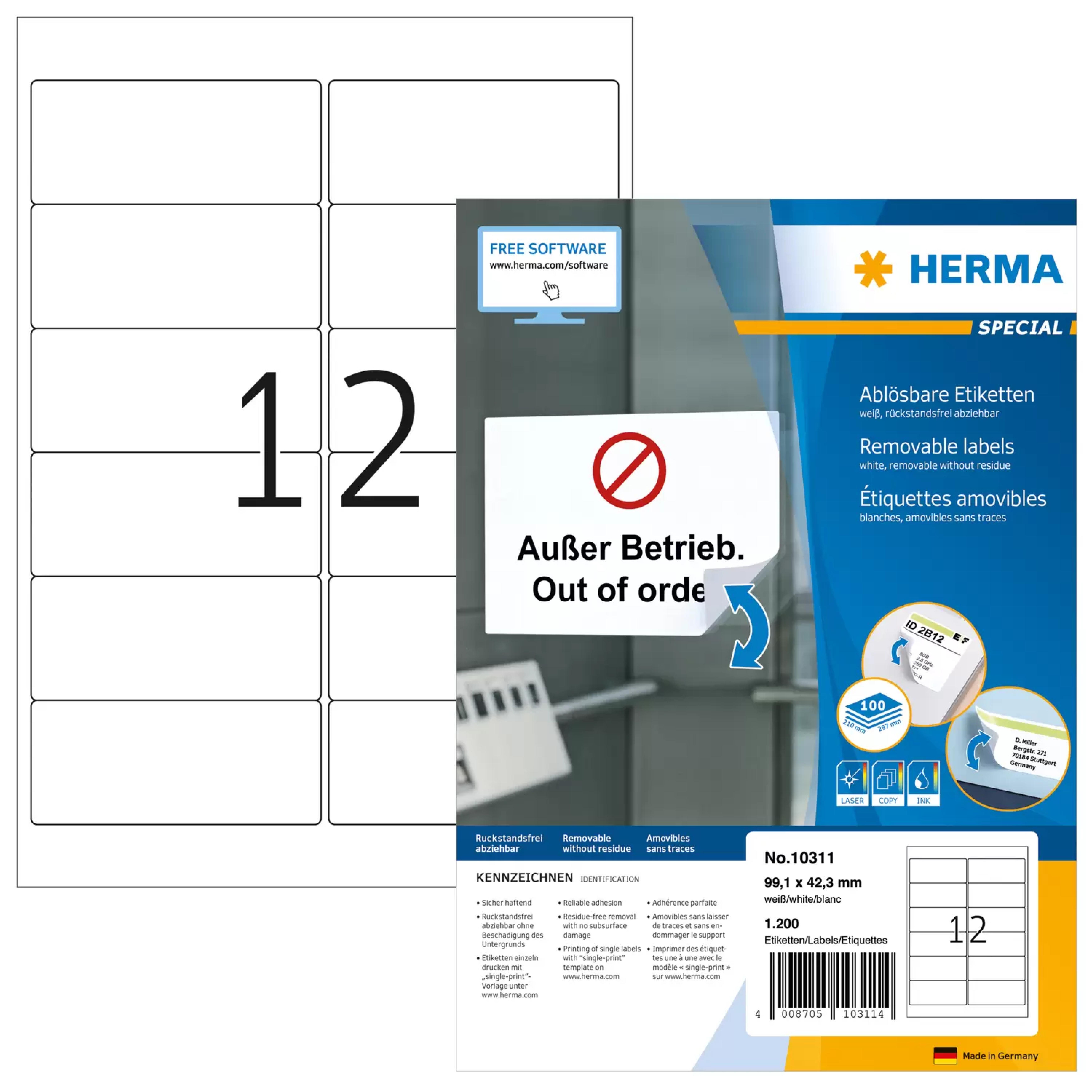 HERMA Adressetiketten A4 weiss 99,1x42,3 mm abloesb. 1200 St.