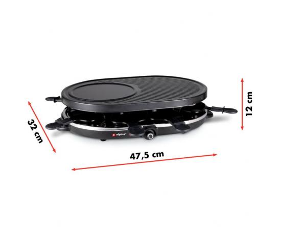 Schwarzer ovaler Raclette-Grill, ausgestattet mit Antihaftfläche, 6 Pfännchen und den Maßen 47,5 x 32 x 12 cm, ideal für gemütliche Abendessen