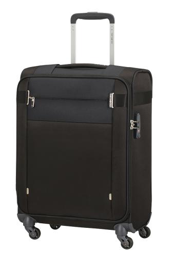 Robuster schwarzer Trolley-Koffer mit vier Rollen und Teleskopgriff Schwarzer Trolley-Koffer mit vier Rollen und ausziehbarem Griff, ideal für Reisen