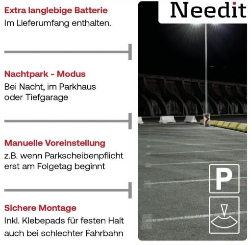 Needit Parkscheibe mit extra langlebiger Batterie und Nachtpark-Modus Parkscheibe von Needit mit extra langlebiger Batterie, Nachtpark-Modus, manueller Voreinstellung und sicherer Montageoption mit Klebepads