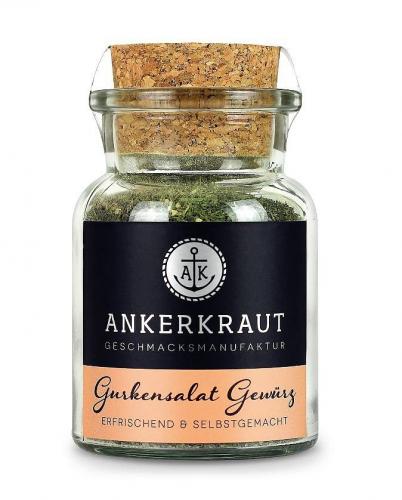 Glasbehälter mit Ankerkraut Gurkensalat Gewürz und Korkendeckel