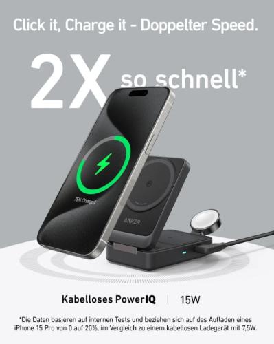 Kabelloses PowerIQ Ladegerät mit Smartphone und Smartwatch in Ladevorgang