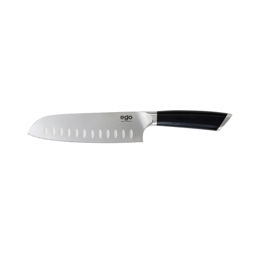 Edelstahl-Santokumesser mit schwarzem ergonomischem Griff, ideal für präzises Schneiden