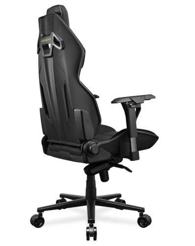 Schwarzer Gaming-Stuhl mit hoher Rückenlehne und verstellbaren Armlehnen