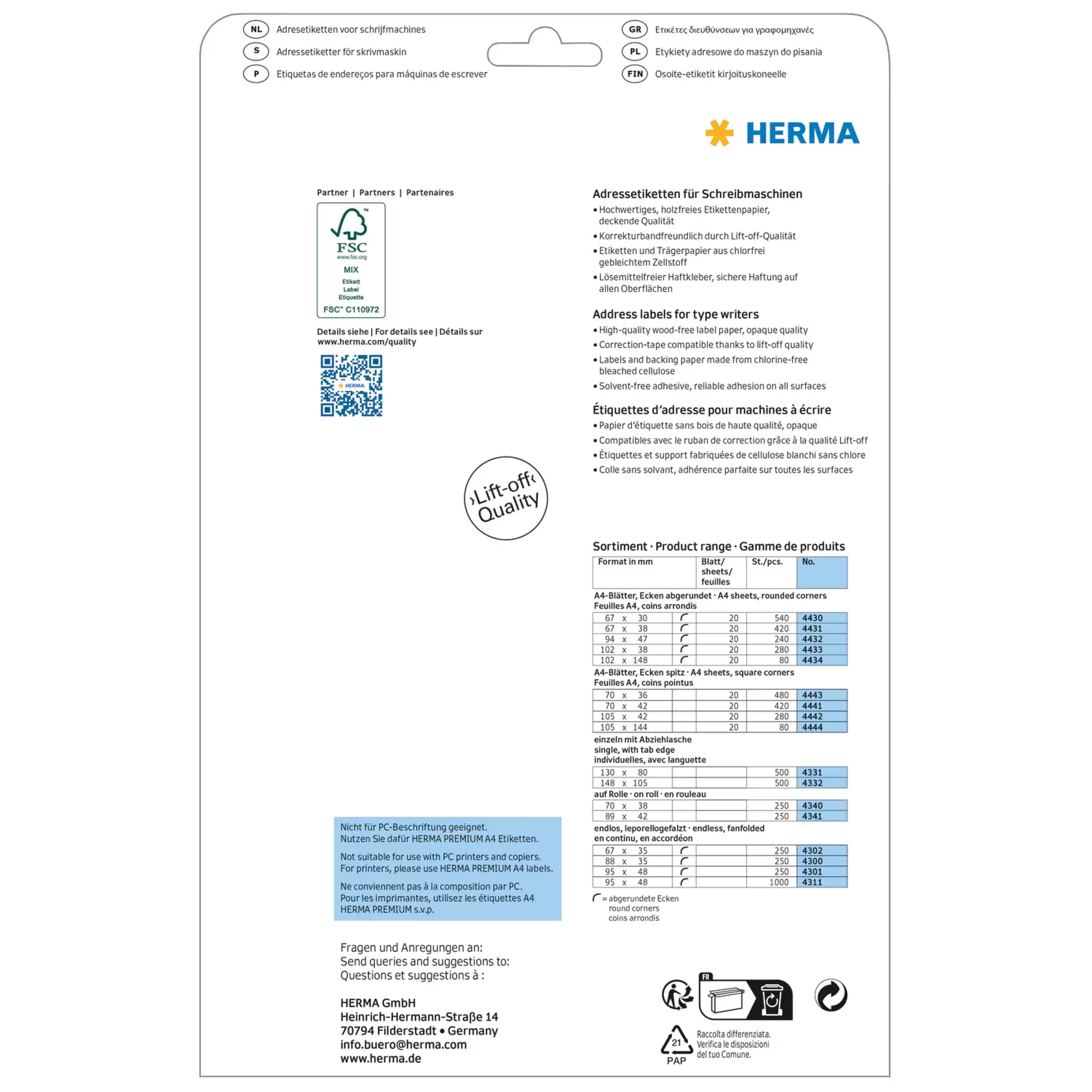 HERMA Adressetik. 67x38 mm Papier matt Ecken rund 420 St.