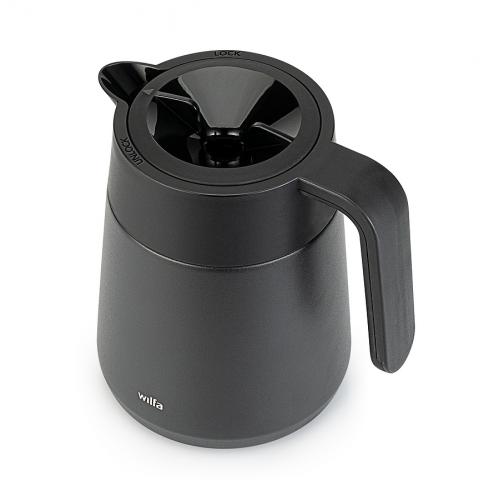 Schwarze Thermoskanne mit ergonomischem Griff und Deckel von Wilfa