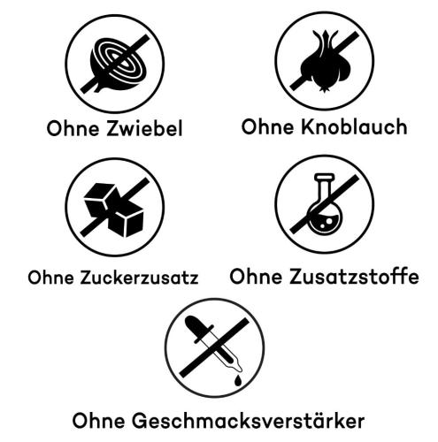Symbole zeigen, dass das Produkt ohne Zwiebel, Knoblauch, Zuckerzusatz, Zusatzstoffe und Geschmacksverstärker ist