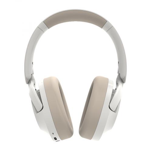Kabellose Over-Ear-Kopfhörer in Beige und Weiß mit weichen Polstern und verstellbarem Bügel, ideal für komfortables Hören.
