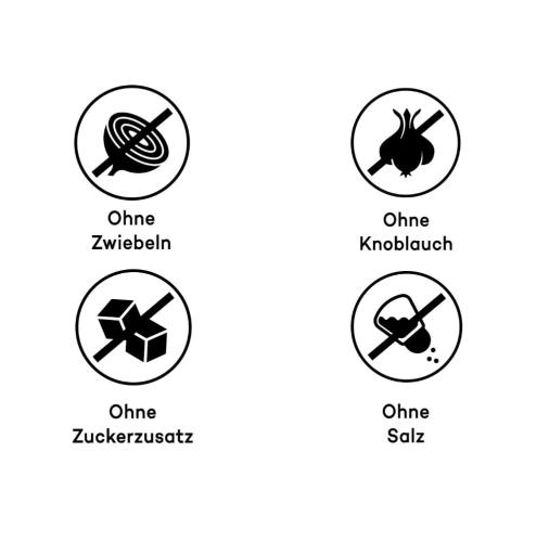 Vier Symbole zeigen an, dass das Produkt ohne Zwiebeln, ohne Knoblauch, ohne Zuckerzusatz und ohne Salz ist.