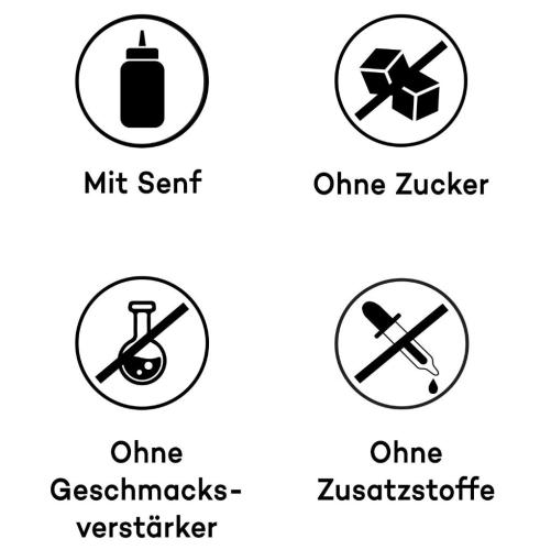 Produktmerkmale: Mit Senf, ohne Zucker, ohne Geschmacksverstärker, ohne Zusatzstoffe Symbole für Produktmerkmale: Mit Senf, ohne Zucker, ohne Geschmacksverstärker, ohne Zusatzstoffe
