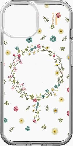 Durchsichtige Handyhülle mit Blumenmuster und Kranzmotiv auf weißem Hintergrund