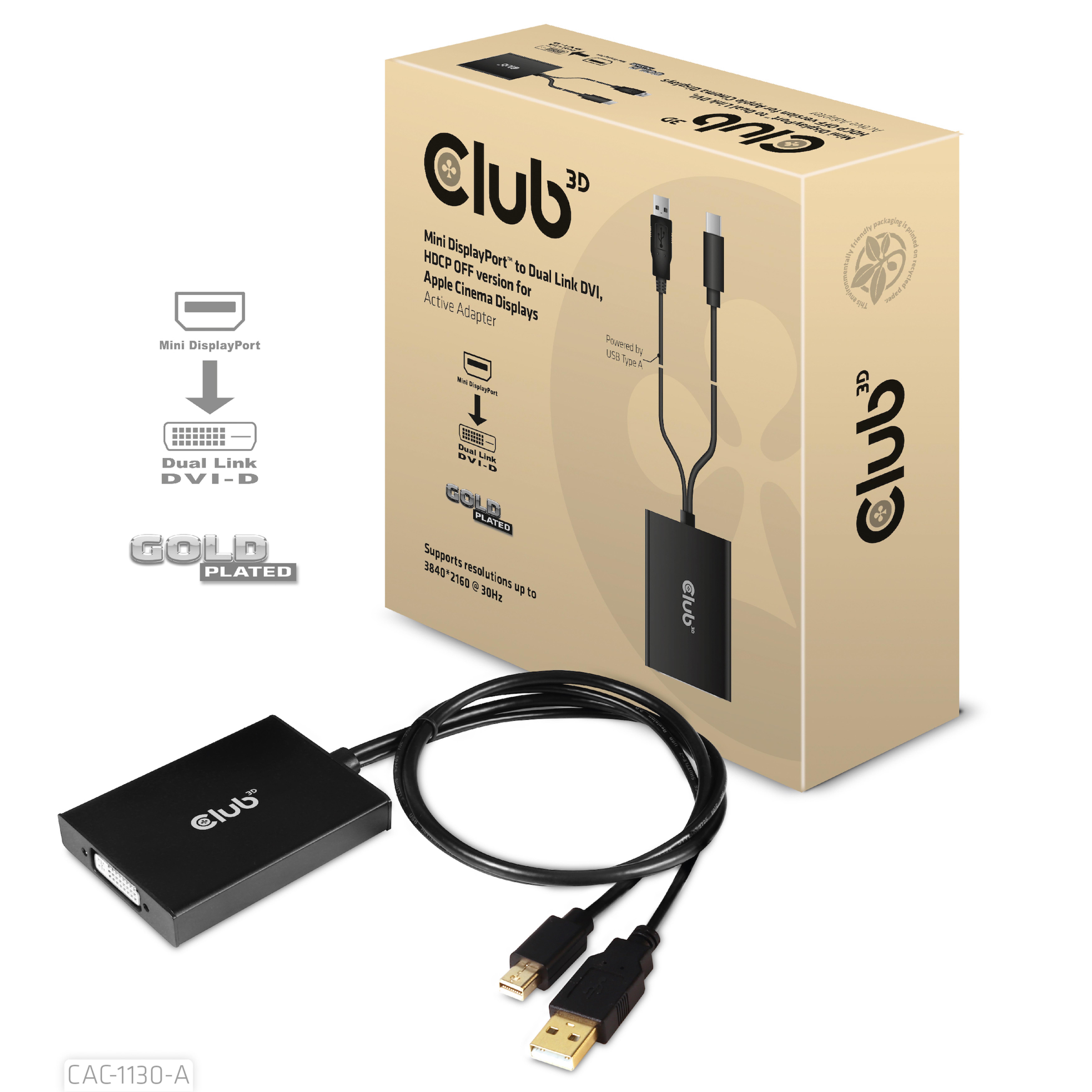 Club3D Adapter MiniDisplayport > DVI DualLink HDCP Off St/Bu retail