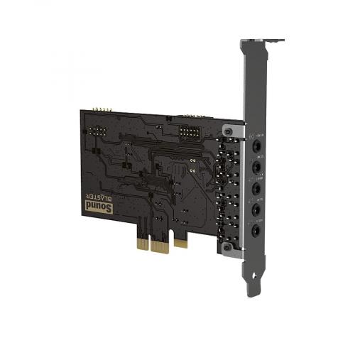 Interne Soundkarte mit PCIe-Anschluss und mehreren Audioanschlüssen Abbildung einer internen Soundkarte mit PCIe-Schnittstelle und verschiedenen Audioanschlüssen