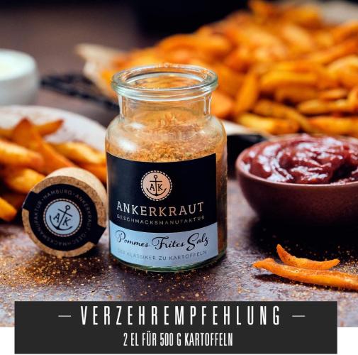Ankerkraut Pommes Frites Salz - Perfekt für knusprige Kartoffeln Glas Ankerkraut Pommes Frites Salz neben Schüssel mit Pommes und Ketchup