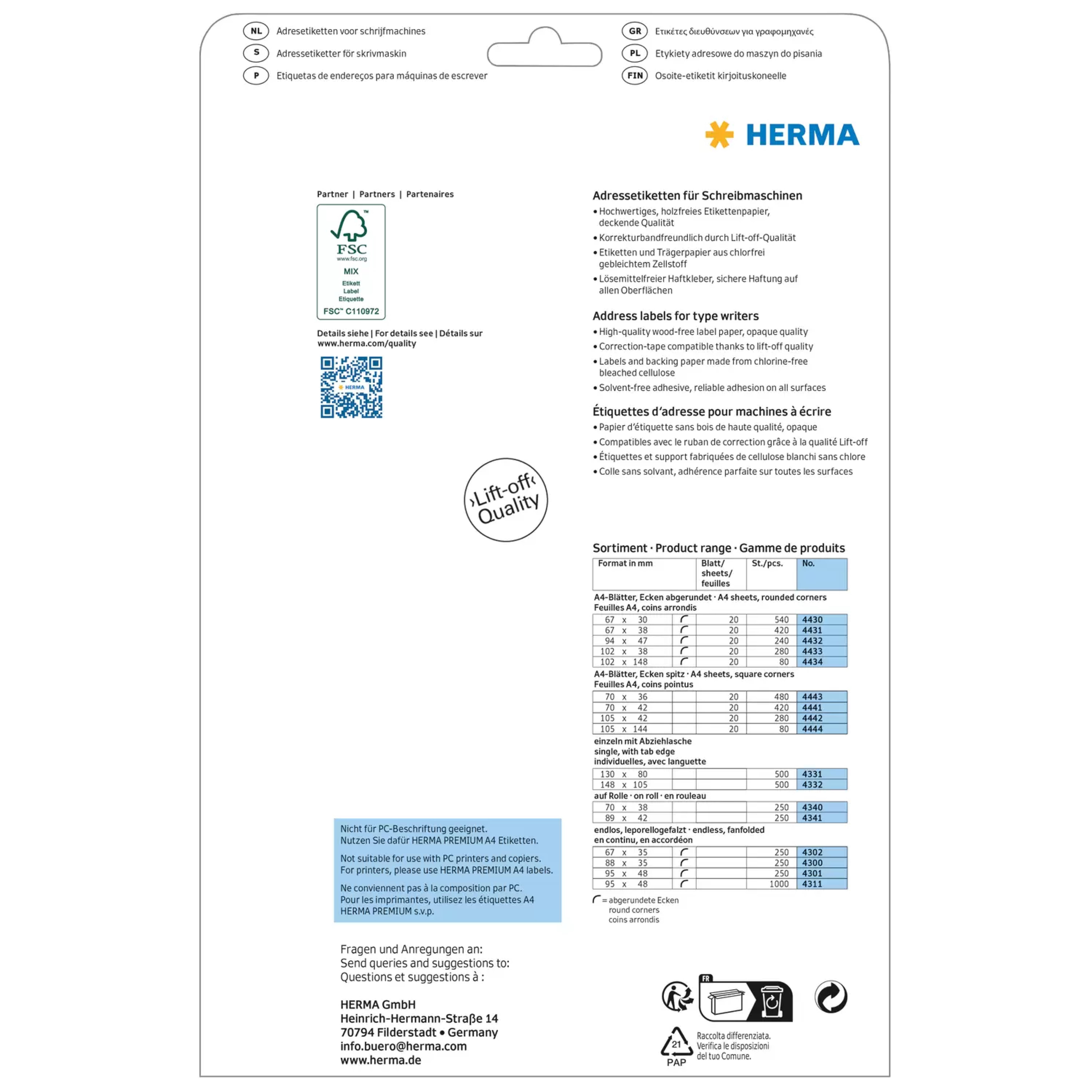 HERMA Adressetik. 70x42 mm Papier Ecken spitz 420 St.