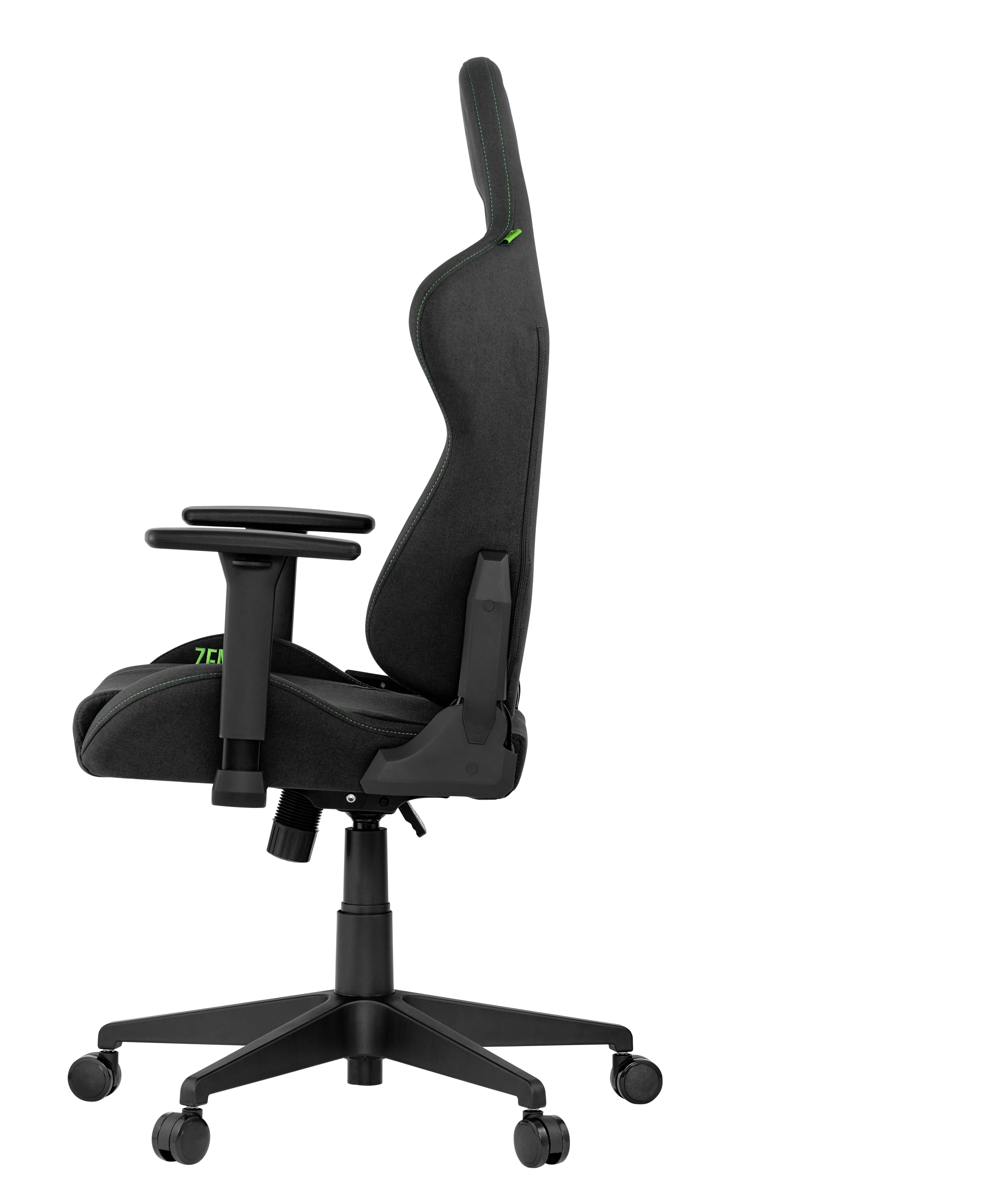 Schwarzer ergonomischer Bürostuhl mit verstellbaren Armlehnen seitlich gesehen