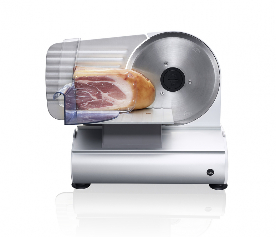 Silberner elektrischer Allesschneider mit einem Stück Schinken, ideal für präzises Schneiden von Fleisch, Brot und Käse