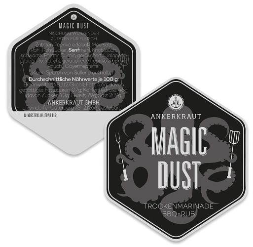 Etikett für Ankerkraut Magic Dust BBQ Rub, zeigt Zutaten und Nährwerte