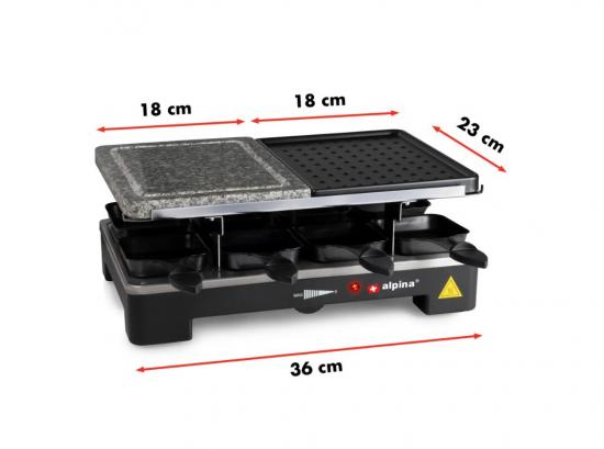 Alpina Raclette Grill mit kombinierter Steinplatte und Grillfläche, ideal für gemütliche Abende, Abmessungen 36x23 cm
