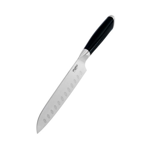 Ein hochwertiges Santokumesser mit schwarzem Griff und Kullenschliff, ideal zum Schneiden von Fleisch, Fisch und Gemüse.