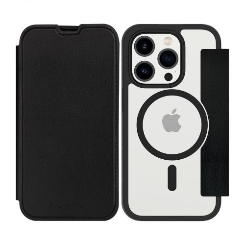 Schwarze Ledertasche für iPhone 13 Pro mit MagSafe, geöffnet und Rückseite sichtbar