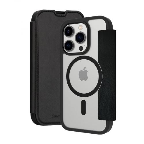 Elegante schwarze iPhone-Schutzhülle mit Lederklappe und integrierter MagSafe-Kompatibilität