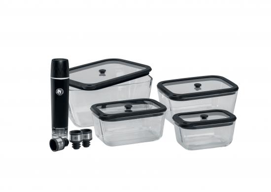 CHEF CUISINE Vakuum Set 4 Glasbehälter + Pumpe + 3er Set Weinverschluss gratis