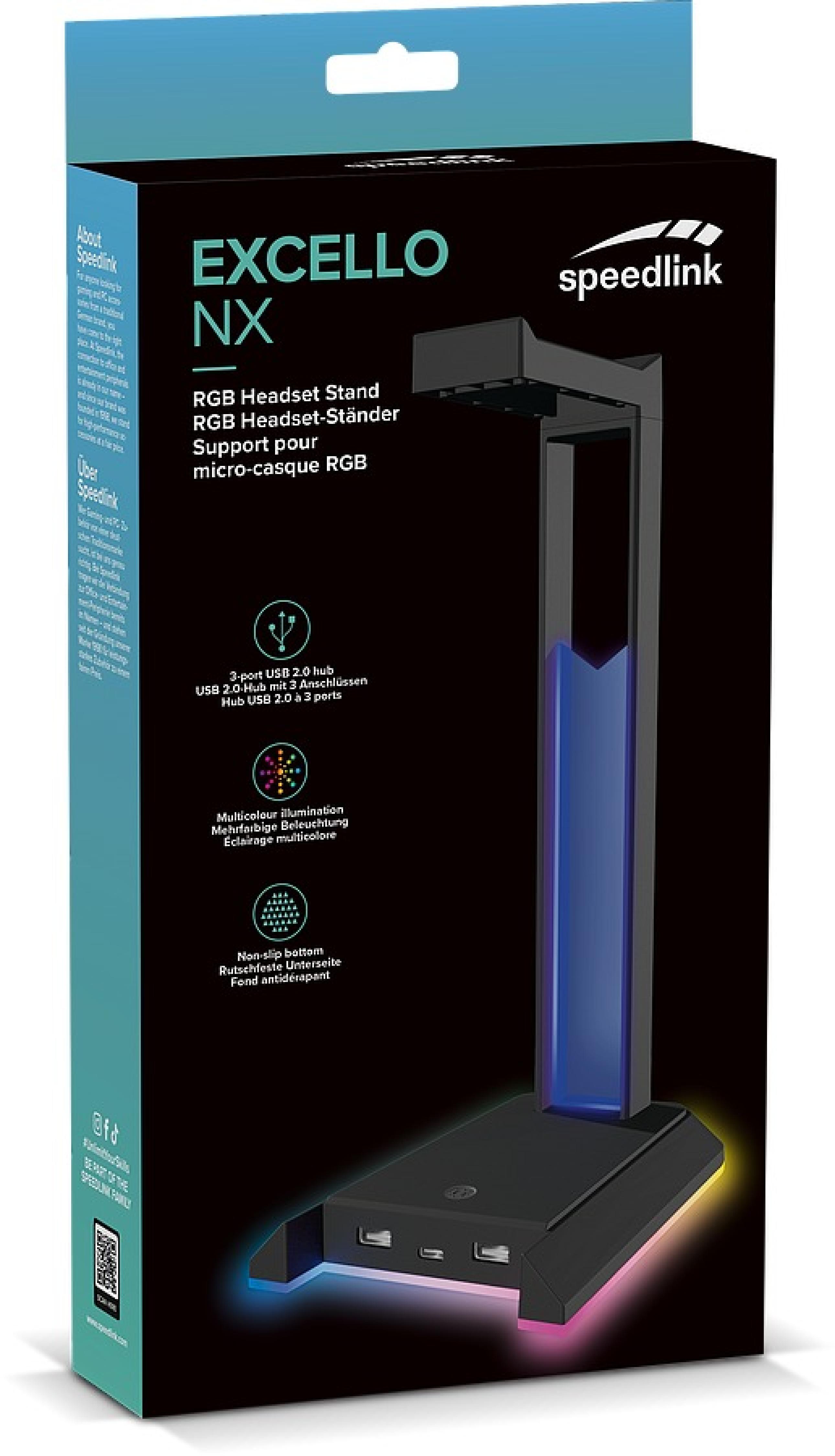 Verpackung des Speedlink EXCELLO NX RGB Headset-Ständers mit USB-Anschlüssen und RGB-Beleuchtung