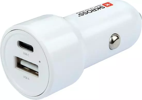 Weißes Auto Ladegerät mit USB-C und USB-A Ports für schnelles Aufladen
