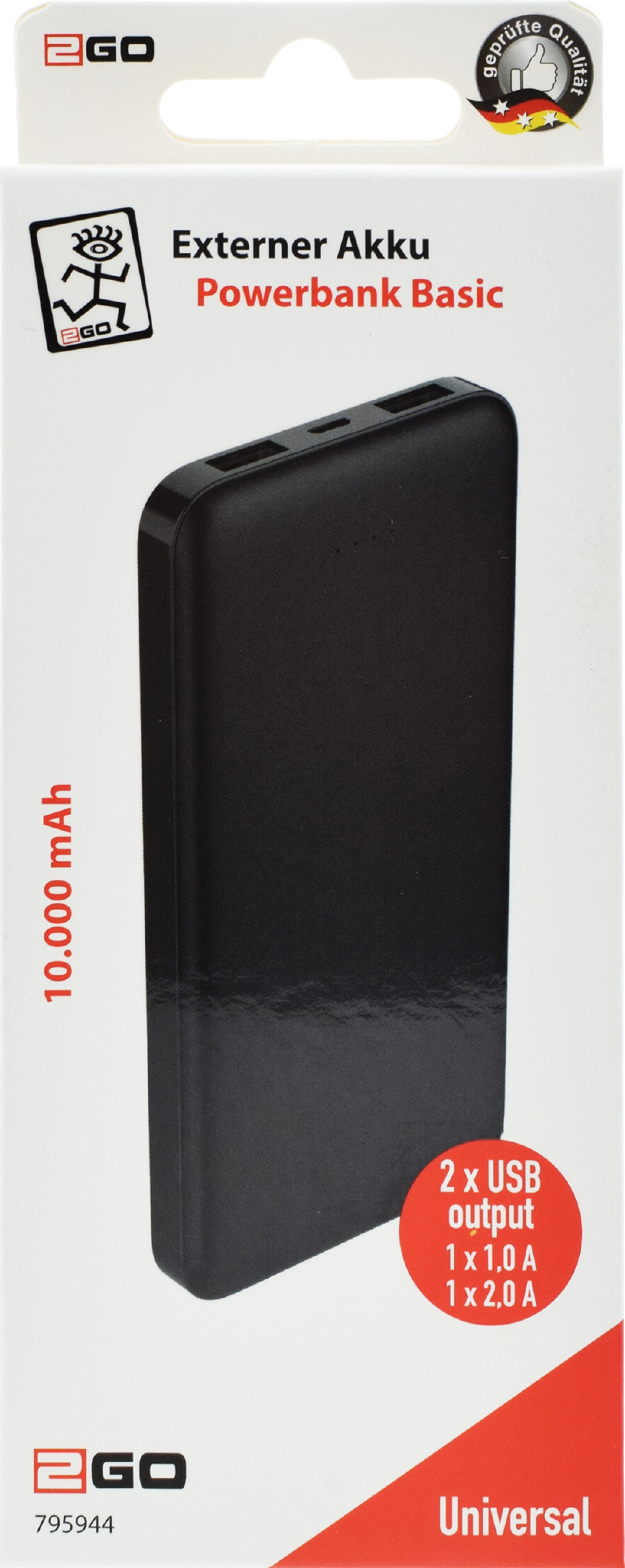 2GO Powerbank Basic 10000mAh 2x USB-A inkl. Micro-USB Kabel
