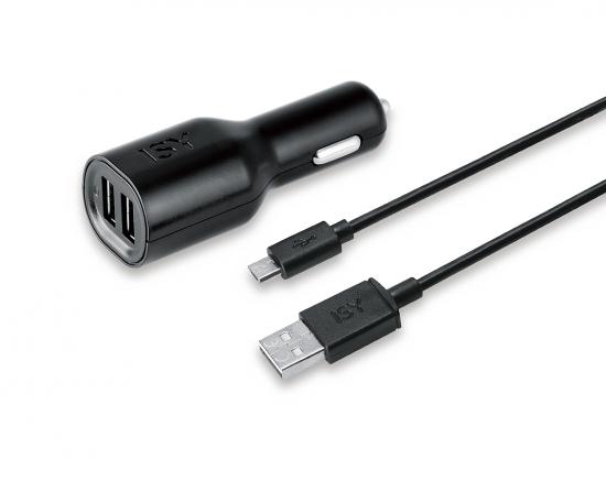 ISY Car charger 2.4A 2-port + Micro USB cable 1 meter