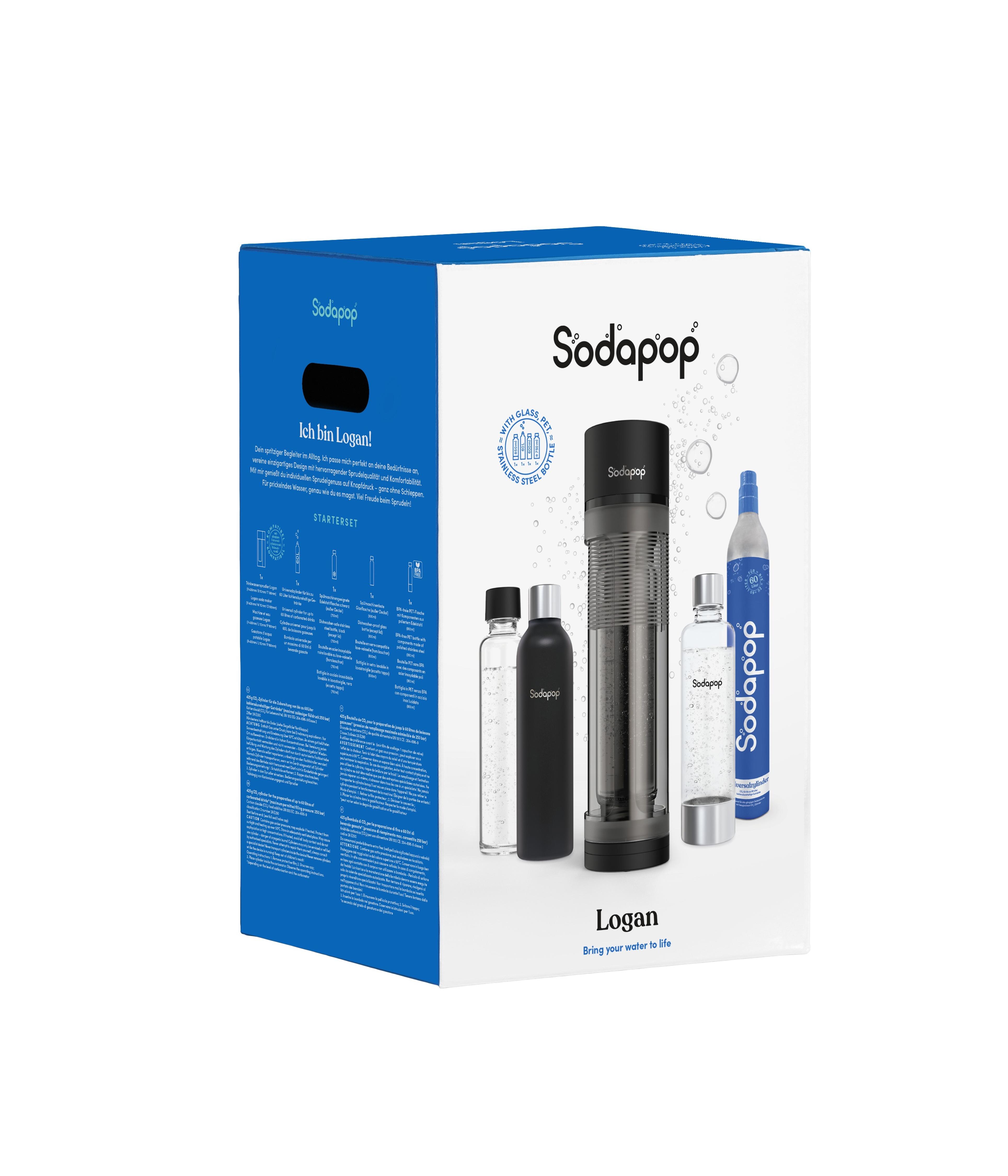 SODAPOP Wassersprudler Logan mit Glasflasche, PET Flasche, Edelstahlflasche + CO2-Zylinder