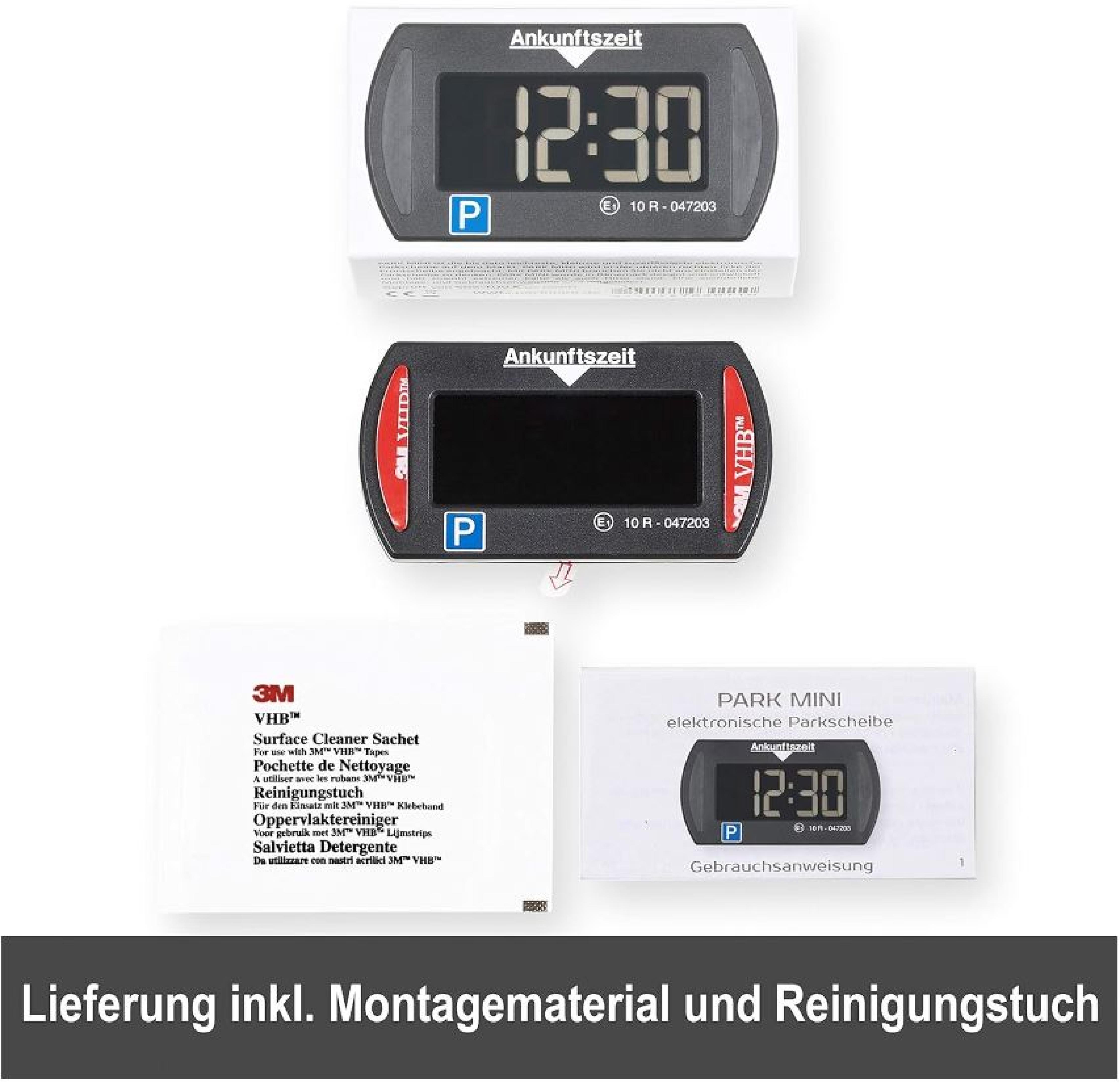 Elektronische Parkscheibe, Montagezubehör und Reinigungstuch im Lieferumfang enthalten