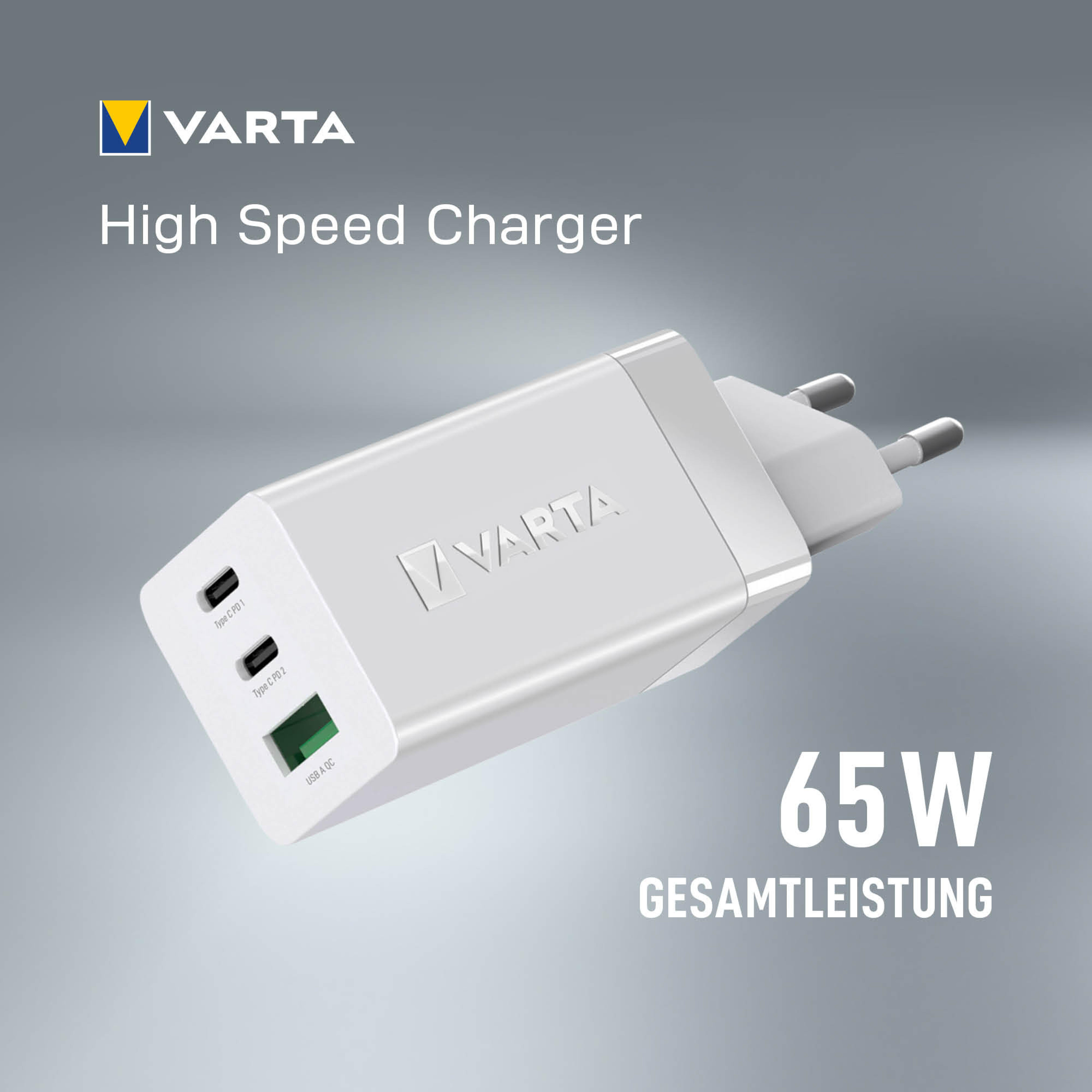 Varta Ladegeraet High Speed Charger 65W 2x USB-C 1x USB-A