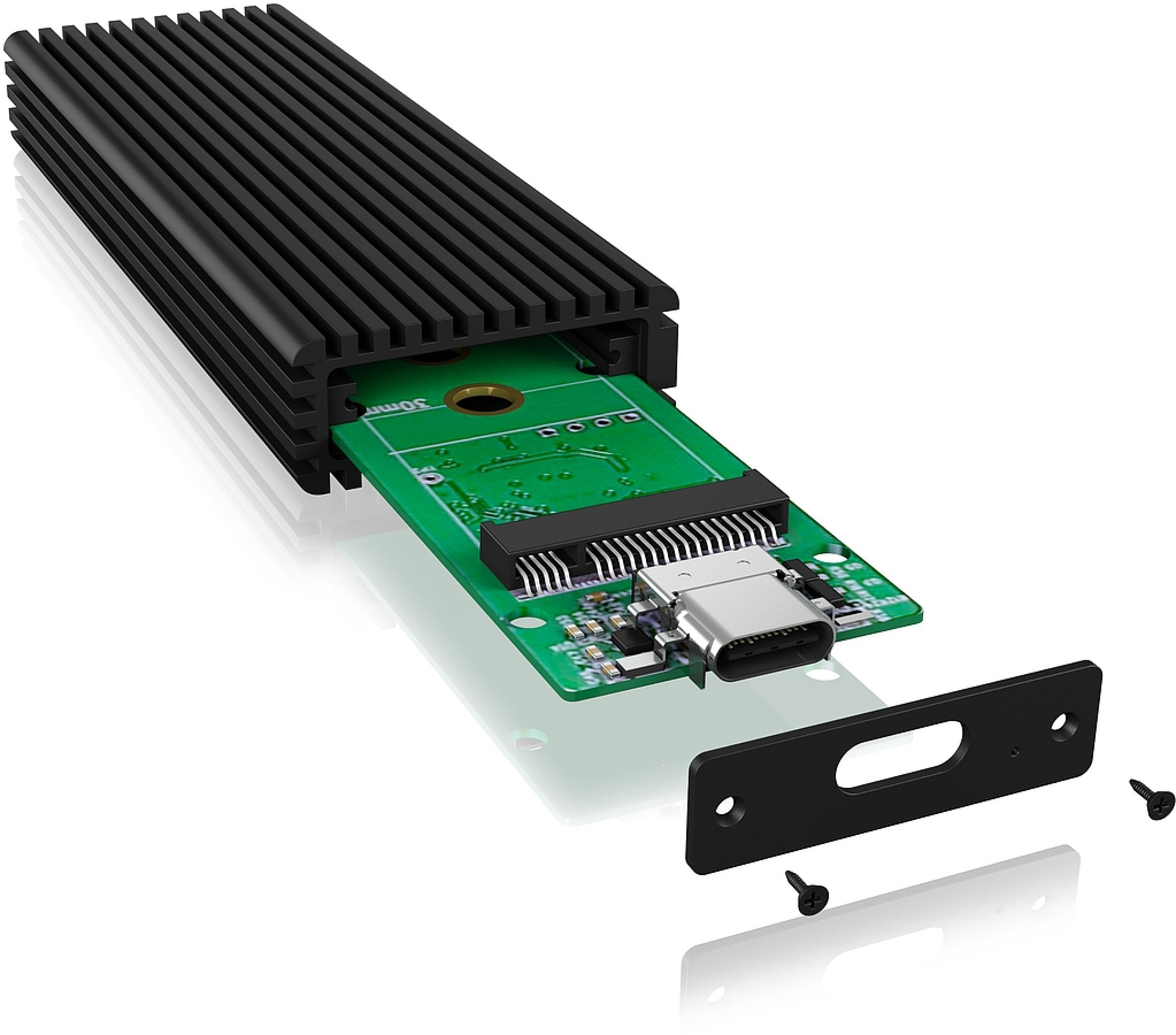 Bild eines geöffneten externen SSD-Gehäuses mit M.2 Steckplatz und USB-C Schnittstelle