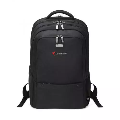 Schwarzer Rucksack mit mehreren Fächern und Zeitalarm-Logo, ideal für Arbeit oder Reisen