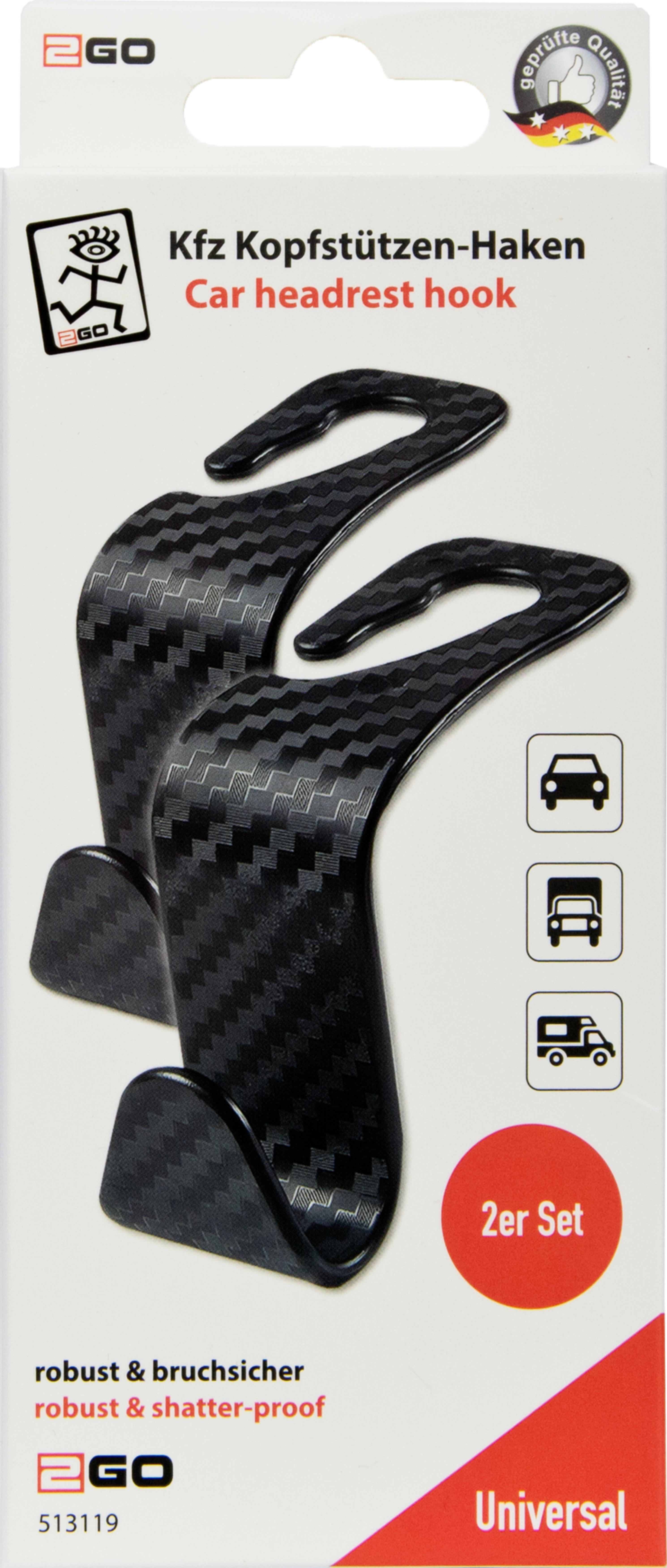 2GO Haken fuer KFZ-Kopfstuetze 2er Set Carbon Optik