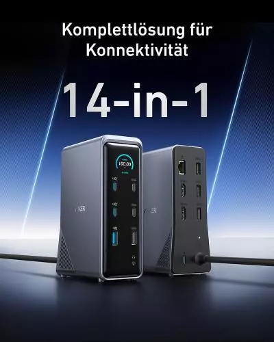 Anker 14-in-1 Dockingstation, Komplettlösung für Konnektivität, zeigt mehrere Anschlüsse und ein modernes Design