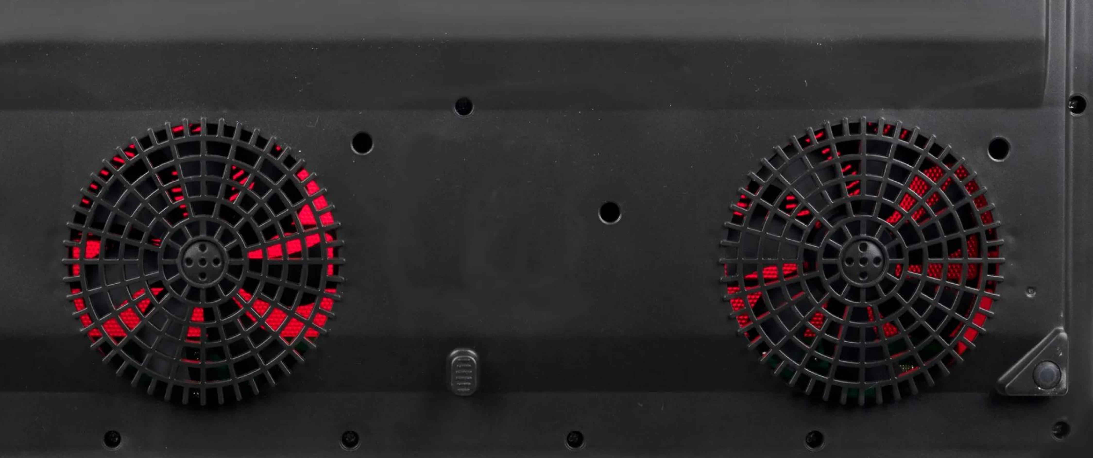 Zwei rote LED-Lüfter hinter einem schwarzen Gitter in einem Computergehäuse