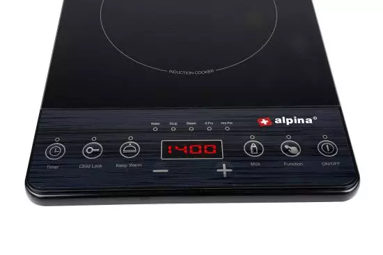 Schwarzes Alpina Induktionskochfeld mit Touch-Bedienfeld und roten LED-Anzeigen