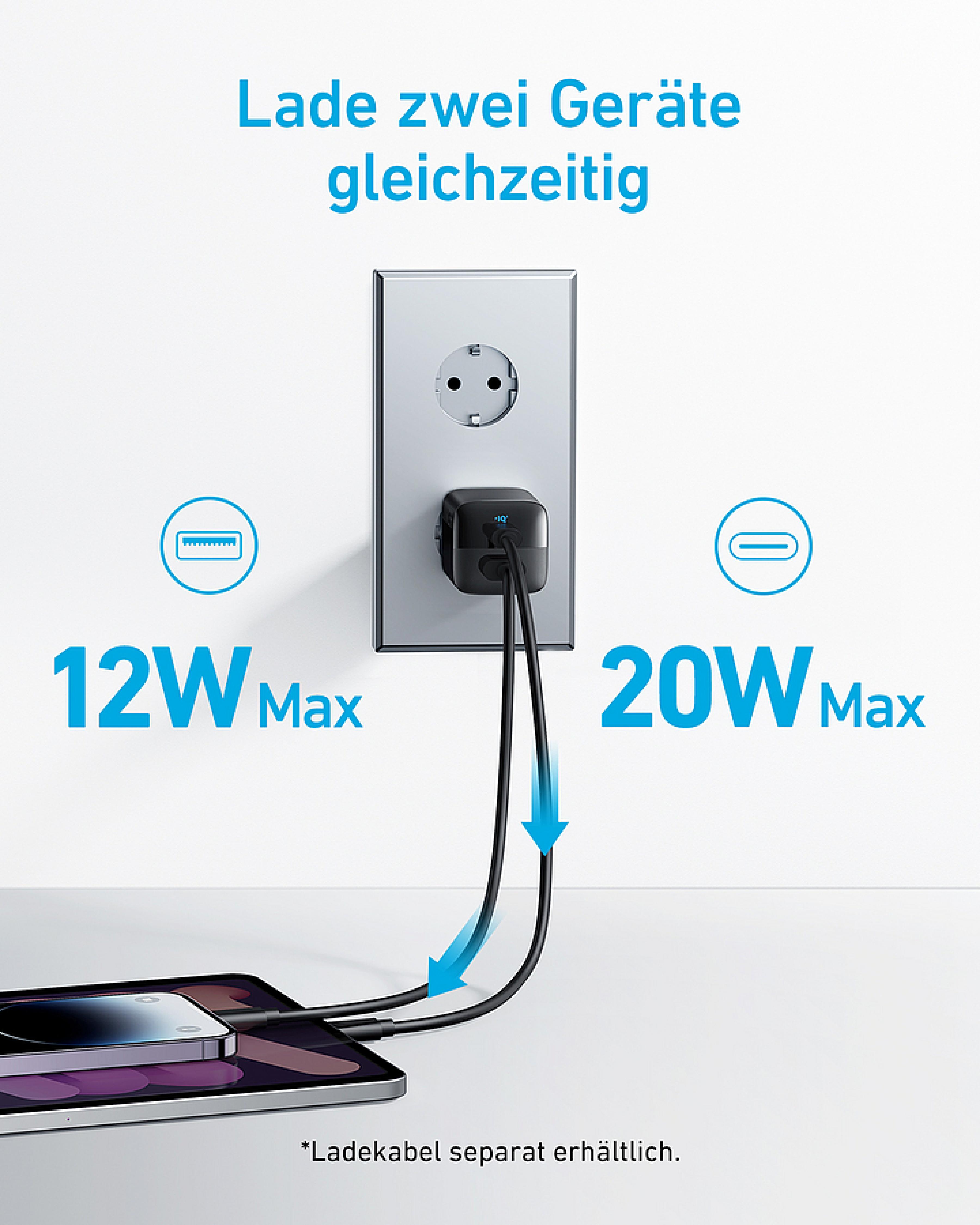 Dual USB-Ladegerät in einer Steckdose, zeigt die Möglichkeit, zwei Geräte gleichzeitig mit 12W und 20W zu laden