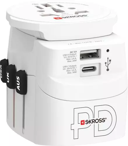 Weißer Weltreise-Adapter mit mehreren Anschlüssen, USB-C und USB-A, geeignet für internationale Reisen