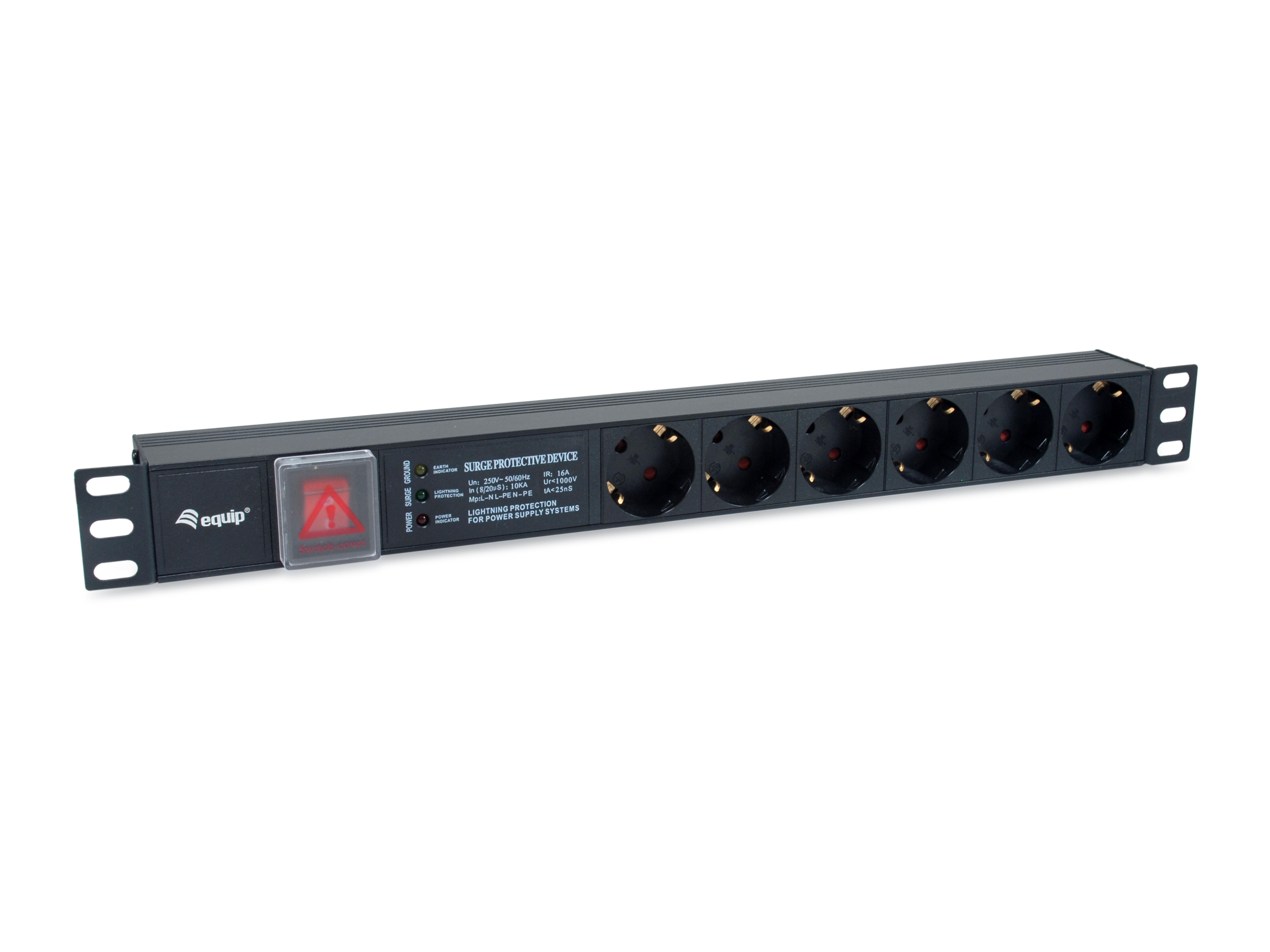 Equip 19" Steckdosenleiste 6xSchuko+Switch->St.90°UESS NF Alu