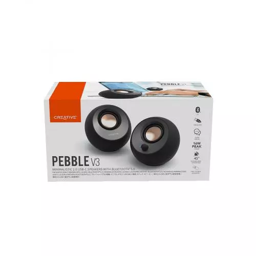 Verpackung der Creative Pebble V3 Lautsprecher mit minimalistischem 2.0 USB-Lautsprechersystem und Bluetooth-Funktionalität.