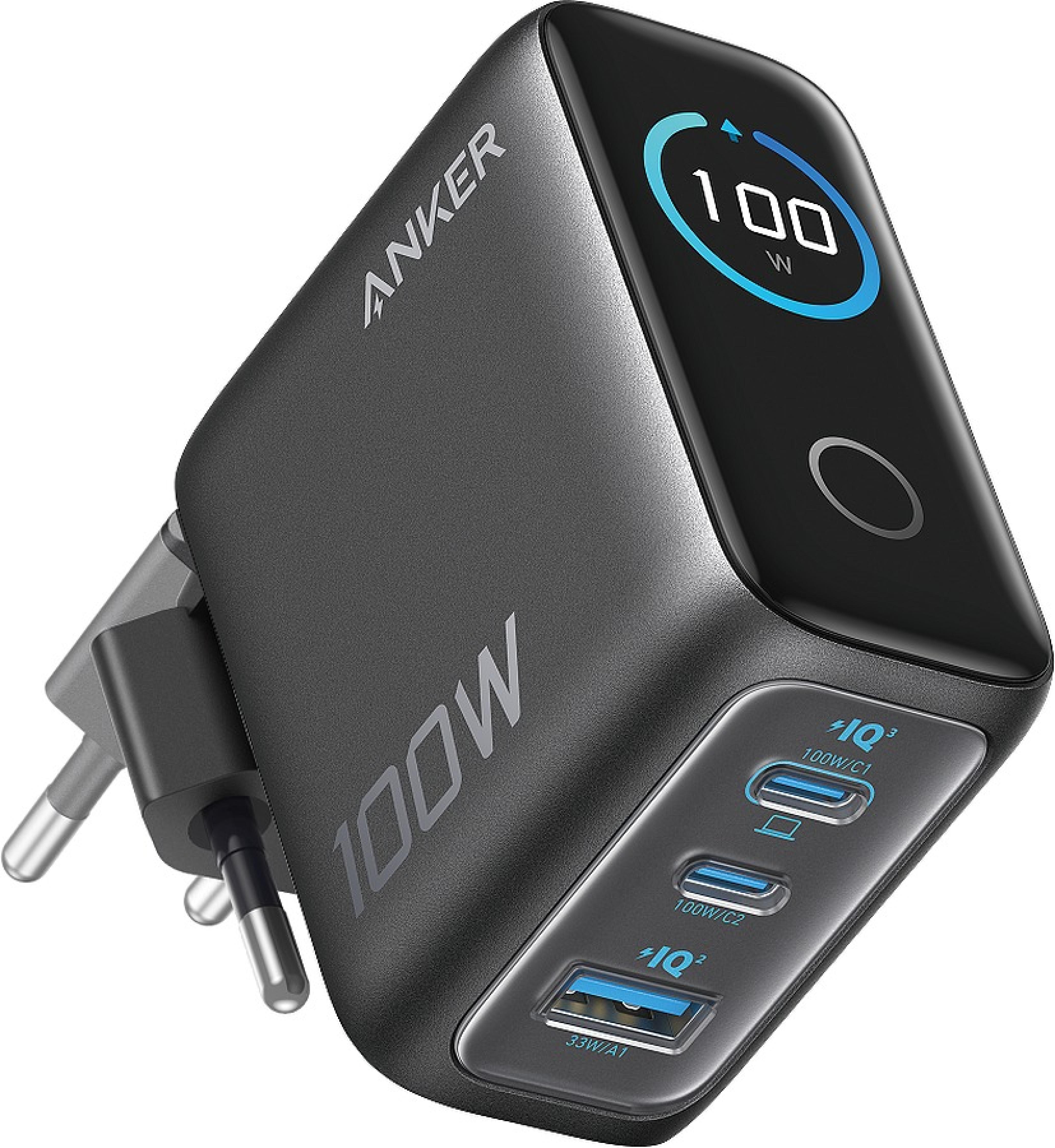 ANKER Charger (100W, 3-Ports, Smart Display, USB-C Cable), dark gray