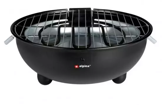 Schwarzer tragbarer Tischgrill mit Metallrosten und alpina-Logo